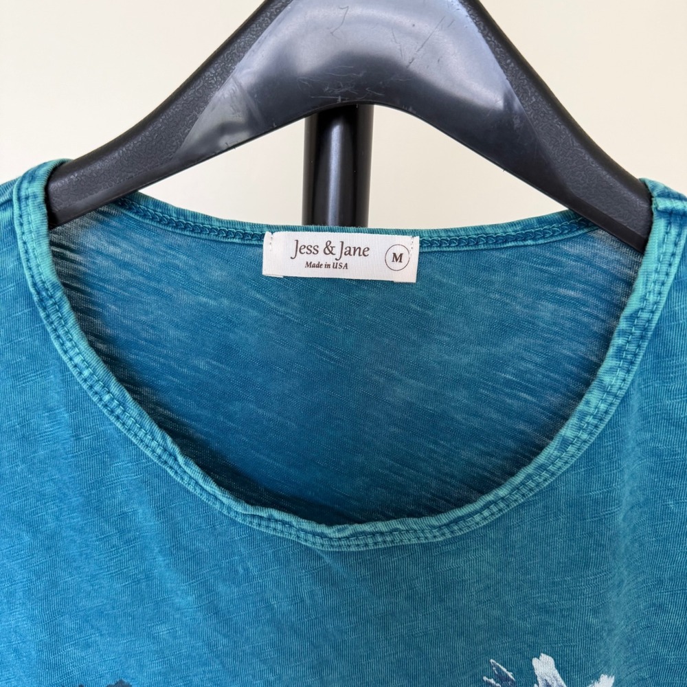 Jess & Jane Womens Teal Blue Bird Floral 3/4 Sleeve Cotton Top M M48-000 - Picture 2 of 8